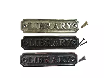 LIBRARY Door Sign NAME PLATE + SCREWS SOLID POLISHED BRASS ANTIQUE BRONZE NICKEL • £14.95