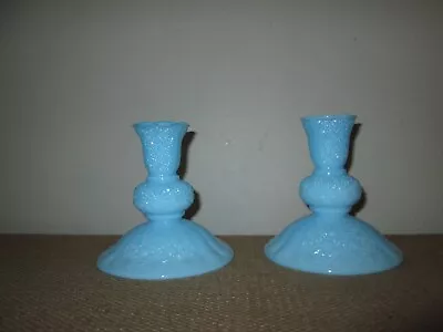 Pair Of 2  Vtg FENTON Blue Milk Glass Daisy & Button Candlesticks Candle Holders • $30.49