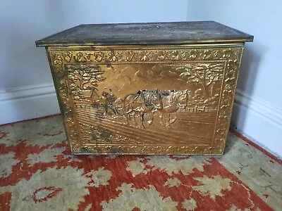 Vintage Antique Embossed Brass Covered Wooden Coal  Storage  Log Fireside Box • £29.99