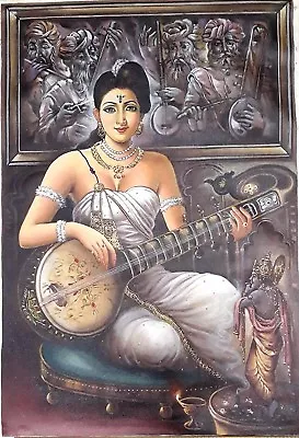 Indian Lady Painting Hand Painted Musician Women Art On Canvas 26x 38 Inches • $350.99