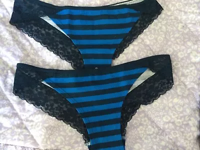 BNWOT  La Senza (Delabelled) 2 Pr Blue Stripe Lace Trimmed Knickers  Size M • £8