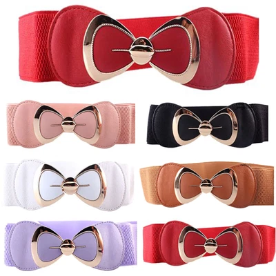 Women Bowknot Elastic Bow Wide Stretch Buckle Waistband Dress Coat Waist Belt • £4.19