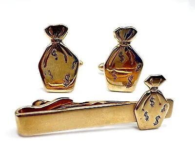 Vintage  Swank Cufflinks Tie Clip Set Money Bags Dollar Signs Gold Tone Metal • $34