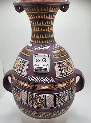  Aztec Replica Vase Peru Signed Inca Handpainted Ceramic Purple  No Base  • $40