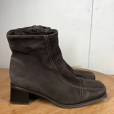 La Canadienne Boots Womens 8 M Brown Suede Square Toe Y2K Ankle Block Heel Shoes • $39.97