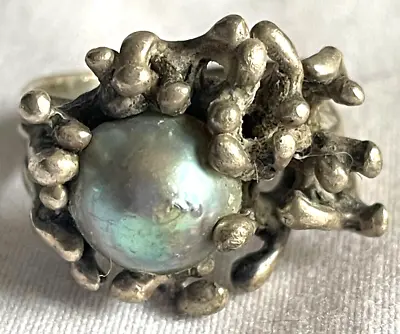 Vintage Mcm Gemcraft Mabe Pearl Modern Art Brutalist Ring Size 6 -free Ship • $145