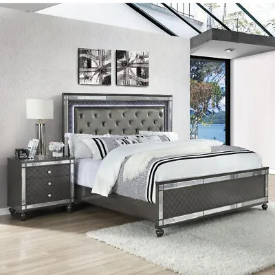 NEW Luxe LED Light Black Queen King Bed & Optional Nightstand Modern Bedroom Set • $899.99