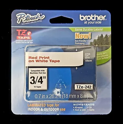 GENUINE Brother P-Touch TZe-242 Tape Cartridge 3/4  -Red Print On White Tape NEW • $5.98