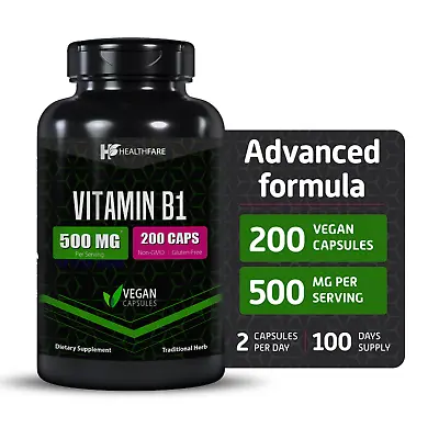 Healthfare Vitamin B1 500mg 200 Vegan Capsule Thiamine Supplement Overall Health • $39.99