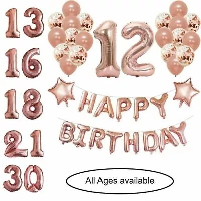 Rose Gold Happy Birthday Foil Balloons Bunting Banner Numbers Decorations Set... • £4.75