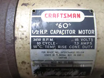 Craftsman  60  1/2 HP Reversible Motor 115.19090 Table Saw Lathe Sealed Bearings • $54.99