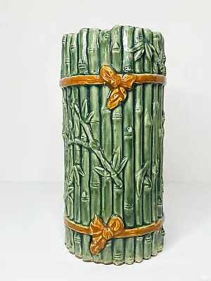 Vintage Majolica Green Bamboo Vase Tiki Asian Ceramic Orange Bows Large 10” MCM • $31.44