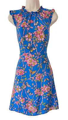 Oasis Royal Blue Botanical Dress - Size 8 - Oriental Floral Butterfly Frill Neck • £16.95