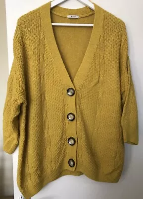 Ladies Cotton Cable Knit Cardigan 3/4 Sleeve Mustard Yellow Size 20 • £4.99