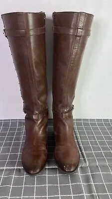 Vince Camuto Boots Womens 7.5M Preslen Tall Riding Brown Leather Knee High Pull • $35