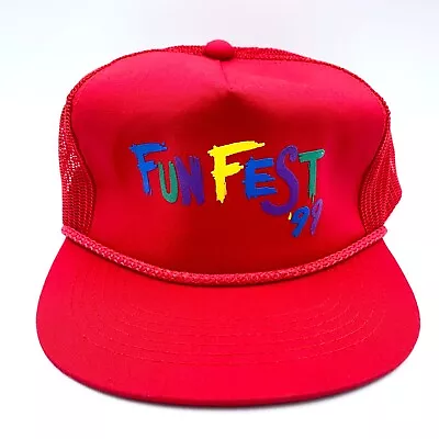 Vintage 90s Fun Fest '99 Red Trucker Hat Snapback YoungAn Adjustable Cap - RARE • $9.97