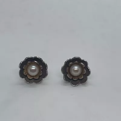 Vintage ELL Sterling Silver Pearl 3D Flower Post Earrings • $39.99