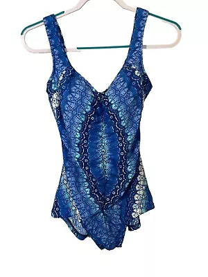 Maxine Of Hollywood Shirred Front Girl Leg One Piece Swimsuit Blue Print Size 12 • $22