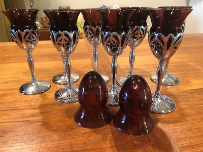 $20 • Buy Vintage Farber Bros NYC Chrome Kraft Cambridge Glass Amethyst Cordials Art Deco
