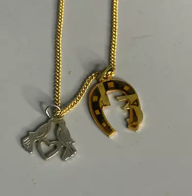 French Vintage Gold Plated Necklace Jewelry Horse Shoe Luck Number 13 Love Birds • $48