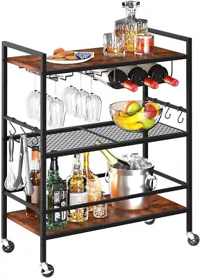 Bar Cart With Wheels 3-Tier Rolling Kitchen Cart With Wine Rack Serving Carts • $56.99