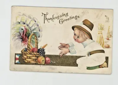 $3.10 • Buy Vintage Thanksgiving Postcard   TURKEY  CHILD  BASKET OF FRUIT  EMBOSSED  POSTED