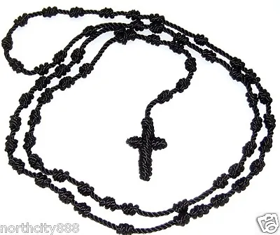 Religious Rosary Necklace Long 31  Knotted Black Rosarie Cord Rope Original Mex  • $9.97