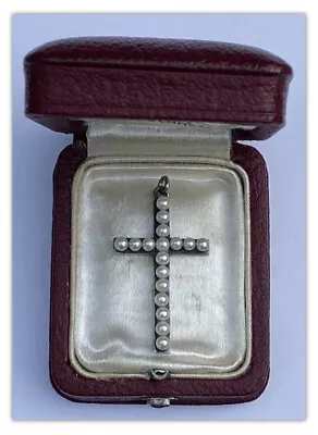 Antique Signed MIKIMOTO Pearl & Sterling Silver Cross Pendant W/ Vintage Red Box • $275