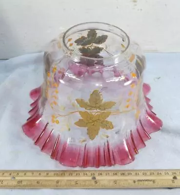 Antique Cranberry Glass Ruffled Lamp Shade Gold Leaves Possibly Moser Kerosene • $99.95