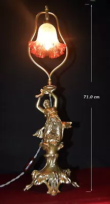 Vintage Antique Figural Mermaid Lamp 1940s Gilt Metal Handmade Cranberry Shade • $359.94