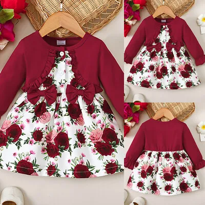 Newborn Baby Girl Ruffle Long Sleeve Floral Dress Kids Party Clothes Outfits Set • £9.49