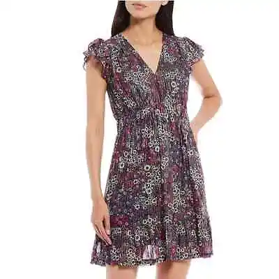 MICHAEL Michael Kors Zinnia Foil Stripe Floral V-Neck Flutter Sleeve Dress • $40