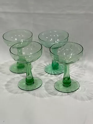 Lot Of 4 Uranium Glass Stem Glasses Coupe Depression Era Set • $19.95