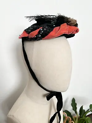 Antique Victorian 1800s Black Pink Velvet Bonnet With Sequins And Feathers Hat • $134