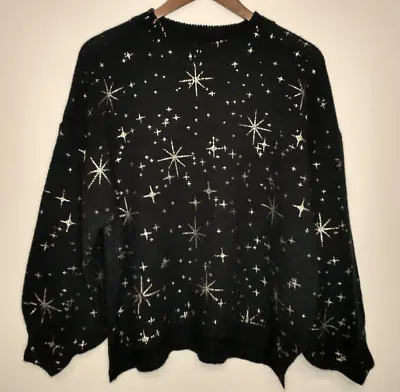 ANDTHEWHY Women's Black Sweater Size S/M Gold Metallic Stars Oversized Sleeves • $12.99