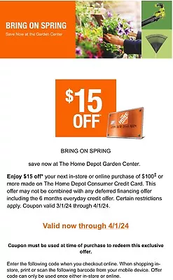Home Depot Garden Center $15 Off In-Store Or Online Purchase Of $100+ Exp 4/1/24 • $6.45