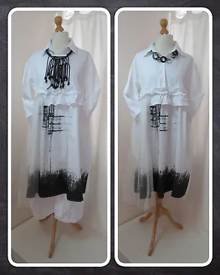 BNWT QUIRKY LAGENLOOK WHITE & BLACK PRINT DRESS By NESLAY OSFA PLUS • £50.99