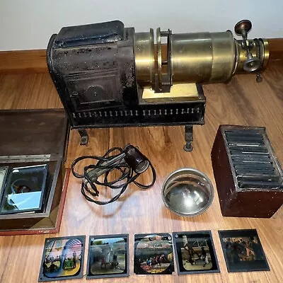 Antique Magic Lantern Projector With  Boxes Of Slides Brass Vintage Rare • $300