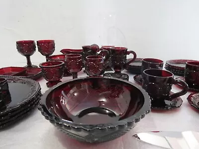 Avon Ruby Red Glass Dishes 1876/Cape Cod 39 Pc. Cups/Dinner Plate/Bowl Plate • $199.99