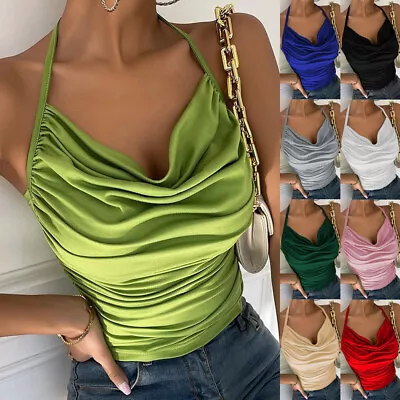 £3.59 • Buy Womens Ruched Halterneck Backless Shirt Crop Top Lady Sexy Cami Summer Tank Vest