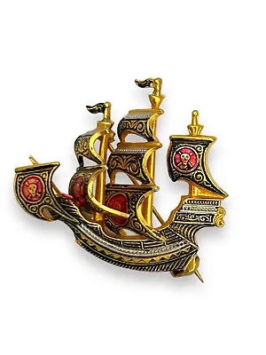 Vintage Damascene  Gold Tone Enamel Spanish Sailing Ship Pirate Signed Spain • $14.99