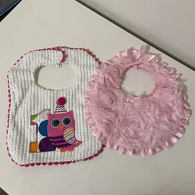 Mud Pie Set Of 2 Baby Bibs 1st Birthday Owl Pink Rosettes • $9.99