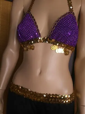 $28 • Buy Vintage Fredericks Of Hollywood Belly Dancing Purple Gold Sequins Harem Costume 