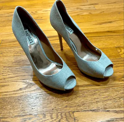 BADGLEY MISCHKA Josie Silver Diamond Drill Peep Toe Pumps Shoes 10M • £42.58