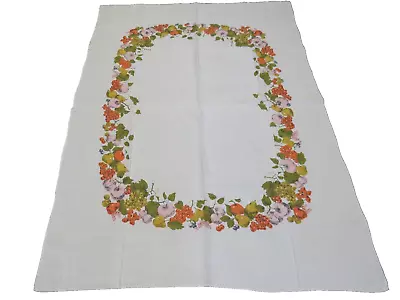 Vintage Linen Tablecloth Multicolor Fruit On Light Beige 58  X 80  • $20.39