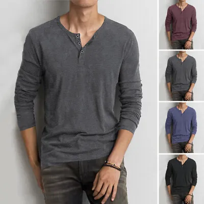US STOCK Men Long Sleeve V Neck Soft T Shirts Button Up Casual Blouse Undershirt • $13.33