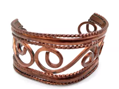 Vintage Solid Copper Cuff Bracelet With Scroll Work Middle Design Rope Edged • $11.88