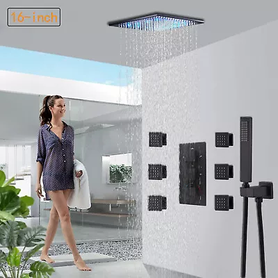 12'' Black Thermostatic LED Shower Faucet Combo Set Massage Rainfall Head System • $179