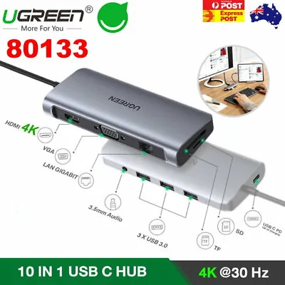 $114.95 • Buy UGREEN 80133 10-in-1 USB C Hub W/ Ethernet To USB 3.0 HDMI 4K VGA PD 3.5mm SD/TF
