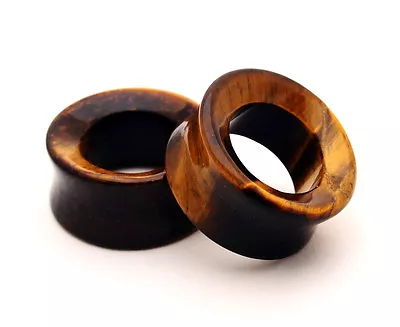 Pair Of Tiger Eye Stone CONCAVE TUNNELS Set Gauges Organic Plugs Large Size • $29.49